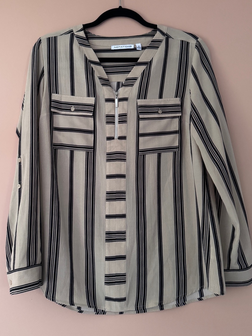 Beige and Black Striped Blouse- NWOT